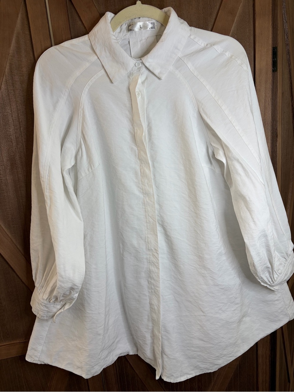 White Linen Long Sleeve Button Down Tunic Shirt Minimalist Chic Size L